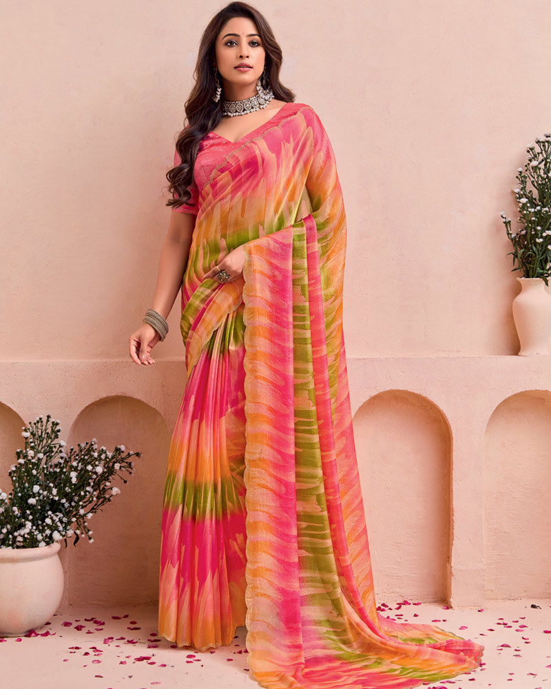 Vishal Prints Rose Pink And Mustard Brown Fancy Chiffon Digital Print Saree With Cut Work Diamond Border