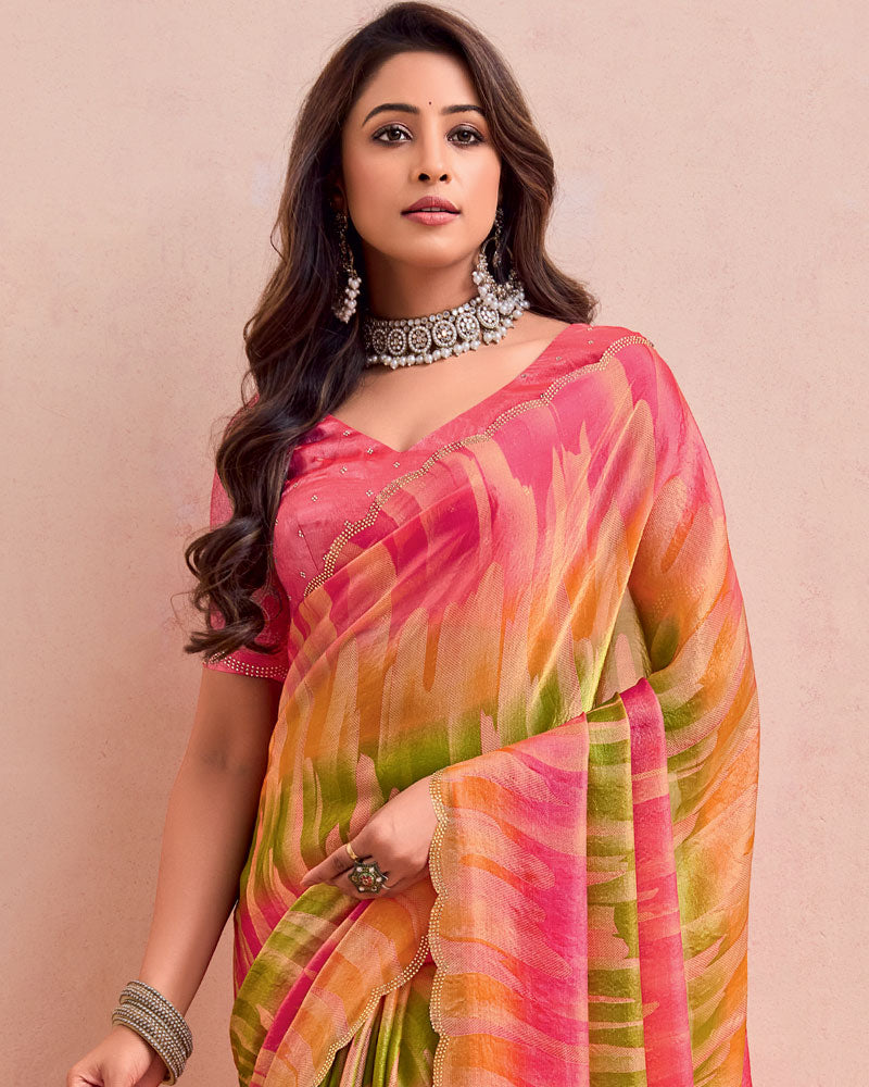 Vishal Prints Rose Pink And Mustard Brown Fancy Chiffon Digital Print Saree With Cut Work Diamond Border