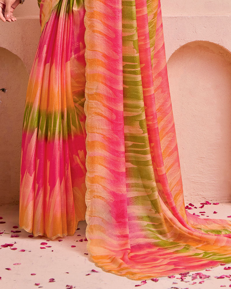 Vishal Prints Rose Pink And Mustard Brown Fancy Chiffon Digital Print Saree With Cut Work Diamond Border