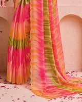 Vishal Prints Rose Pink And Mustard Brown Fancy Chiffon Digital Print Saree With Cut Work Diamond Border