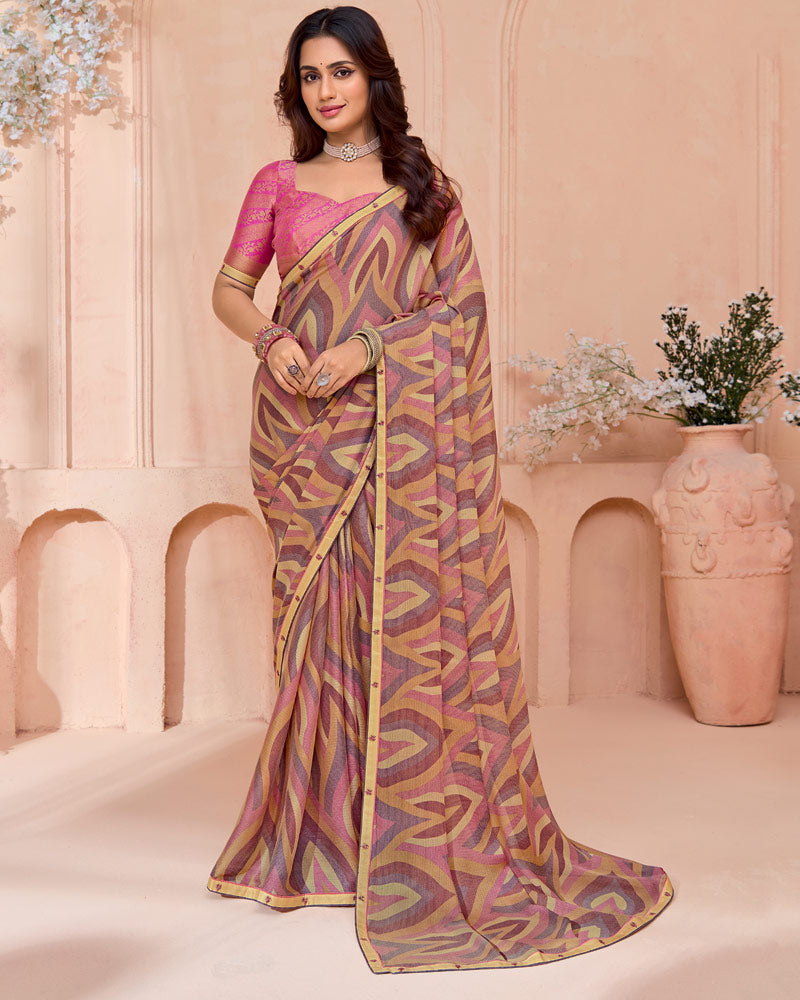 Vishal Prints Dusty Pink And Dark Beige Printed Chiffon Saree With Fancy Border