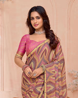 Vishal Prints Dusty Pink And Dark Beige Printed Chiffon Saree With Fancy Border