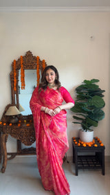 Vishal Prints Pinkish Red Satin-Chiffon Digital Print Saree With Cut Work Diamond Border