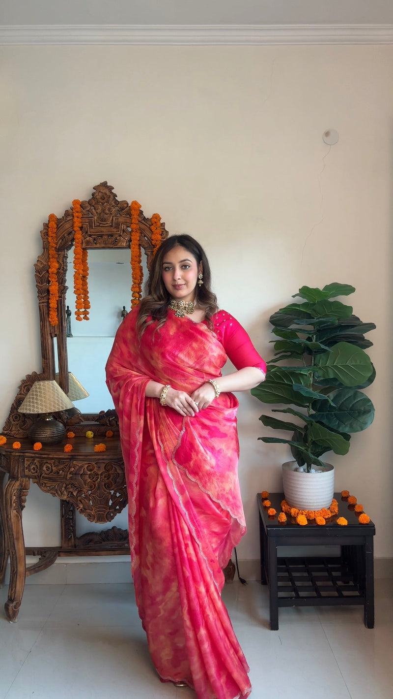 Vishal Prints Pinkish Red Satin-Chiffon Digital Print Saree With Cut Work Diamond Border