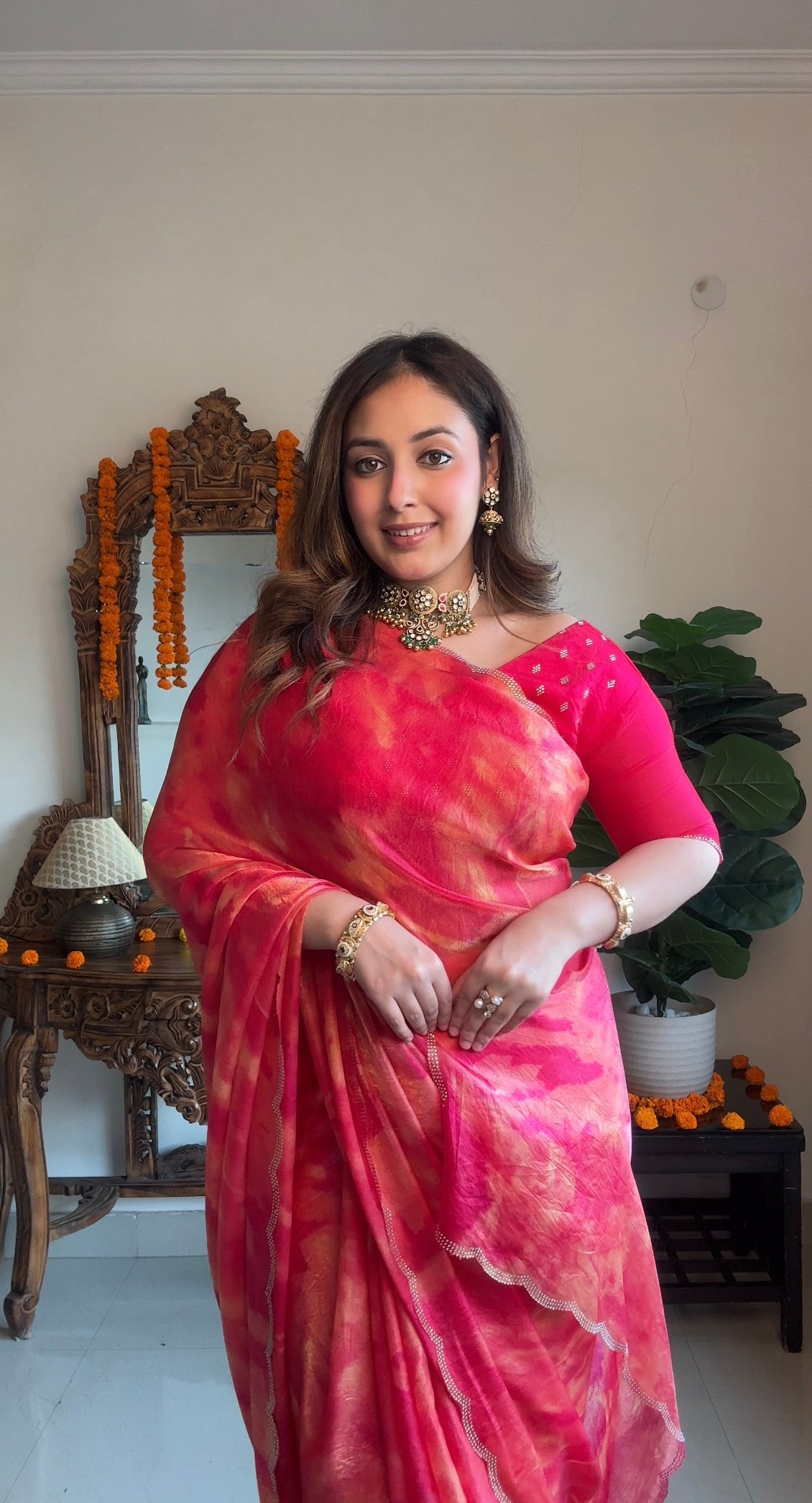 Vishal Prints Pinkish Red Satin-Chiffon Digital Print Saree With Cut Work Diamond Border