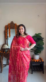 Vishal Prints Pinkish Red Fancy Chiffon Digital Print Saree With Diamond Cut Work Border