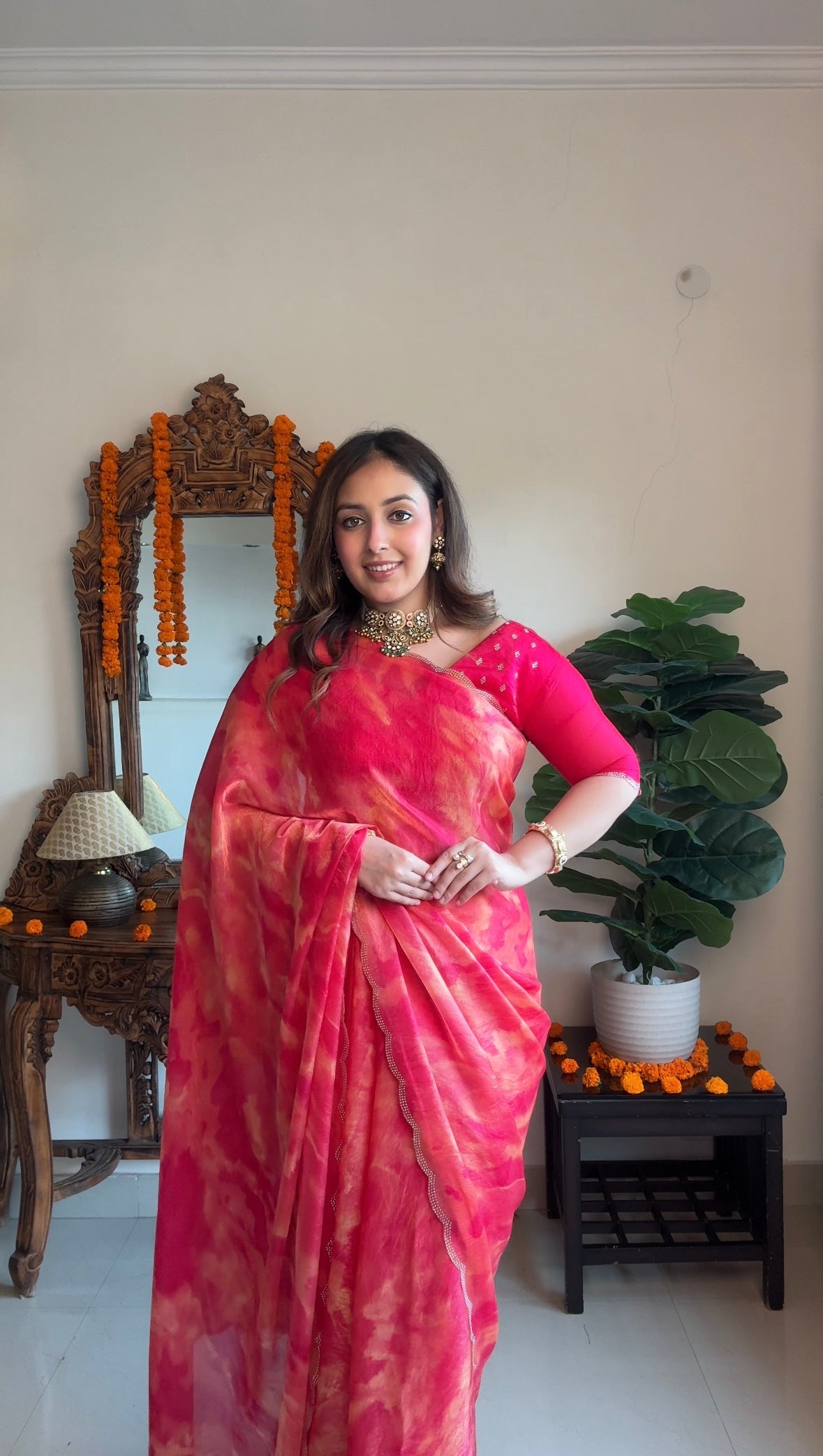 Vishal Prints Pinkish Red Satin-Chiffon Digital Print Saree With Cut Work Diamond Border