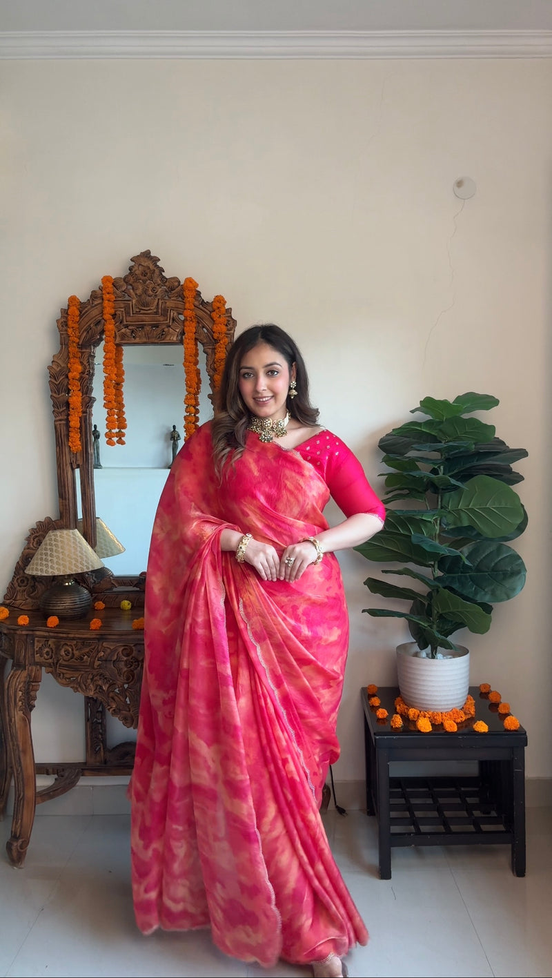 Vishal Prints Pinkish Red Fancy Chiffon Digital Print Saree With Diamond Cut Work Border