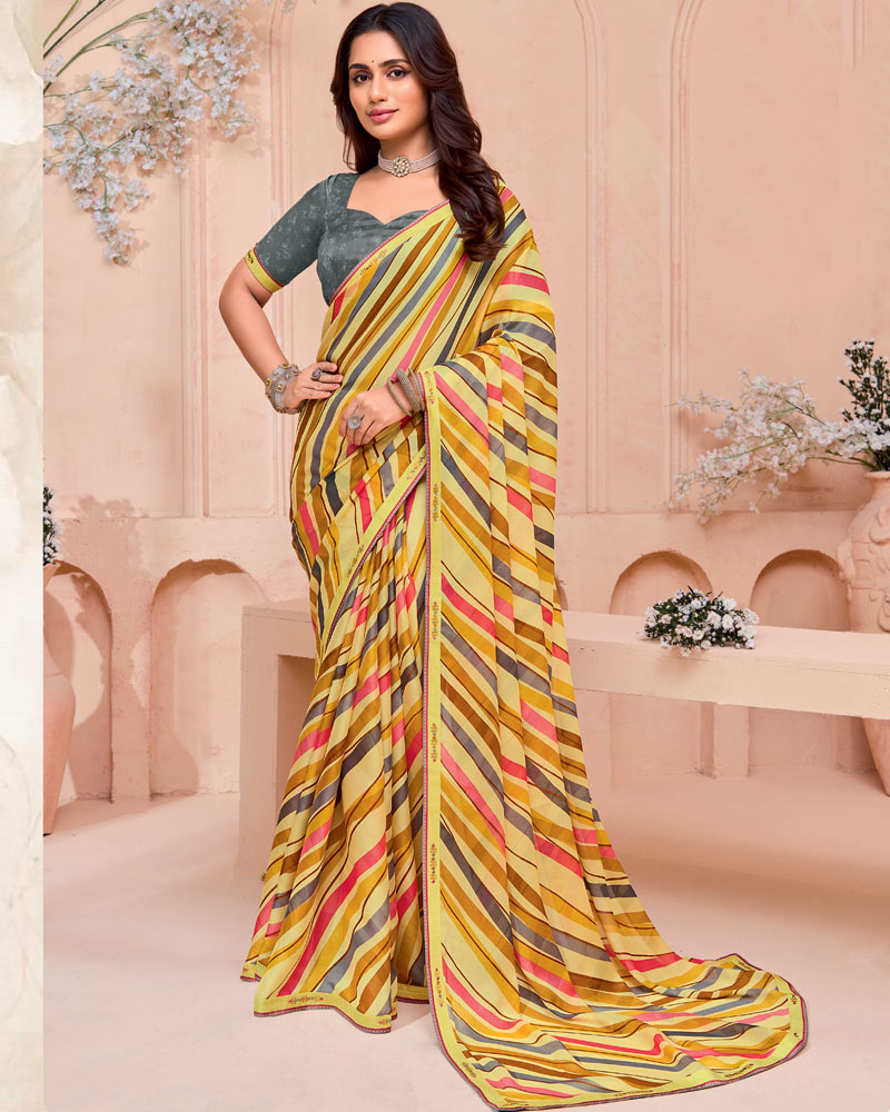 Vishal Prints Pastel Yellow Printed Georgette Saree With Fancy Border
