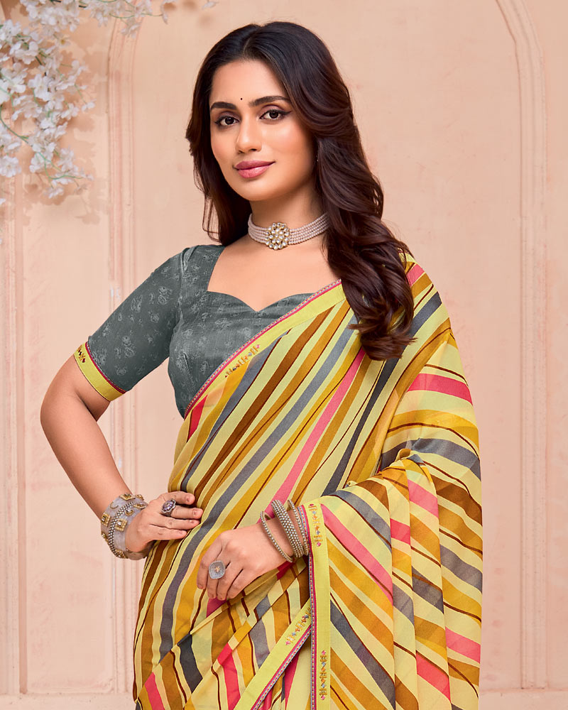 Vishal Prints Pastel Yellow Printed Georgette Saree With Fancy Border
