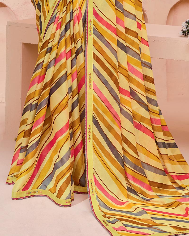 Vishal Prints Pastel Yellow Printed Georgette Saree With Fancy Border
