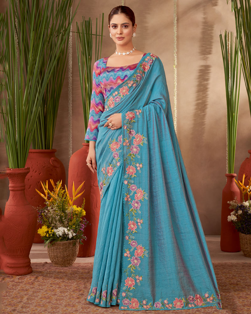 Vishal Prints Hippie Blue Designer Soft Silk Saree With Embroidery-Diamond Work And Cut Work Border