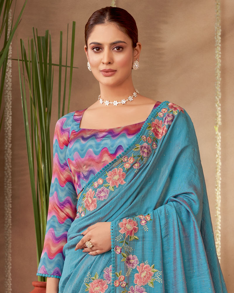 Vishal Prints Hippie Blue Designer Soft Silk Saree With Embroidery-Diamond Work And Cut Work Border