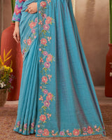 Vishal Prints Hippie Blue Designer Soft Silk Saree With Embroidery-Diamond Work And Cut Work Border