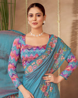 Vishal Prints Hippie Blue Designer Soft Silk Saree With Embroidery-Diamond Work And Cut Work Border