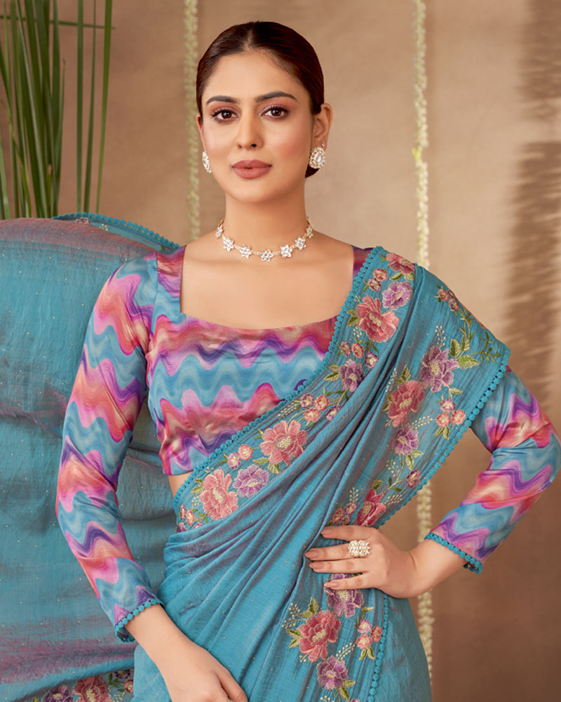 Vishal Prints Hippie Blue Designer Soft Silk Saree With Embroidery-Diamond Work And Cut Work Border