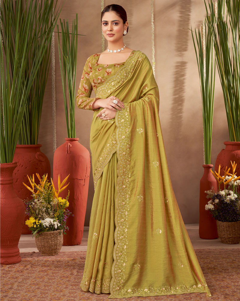 Vishal Prints Ginger Brown Designer Soft Silk Saree With Embroidery-Diamond Work And Cut Work Border