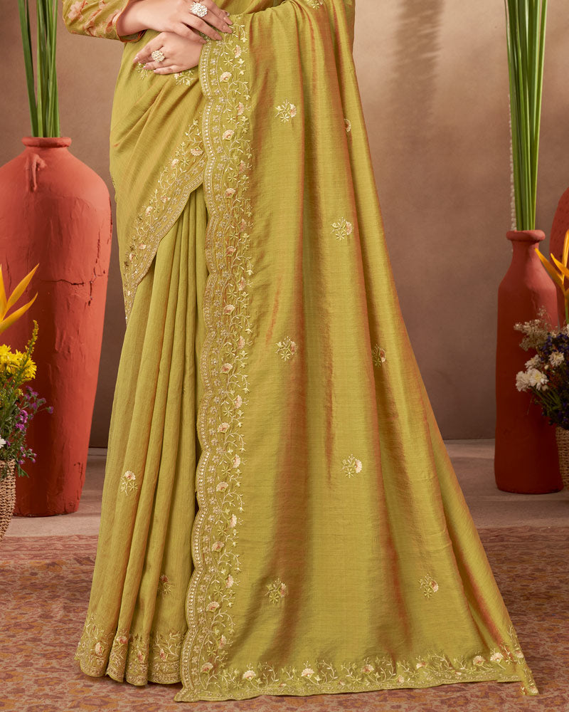 Vishal Prints Ginger Brown Designer Soft Silk Saree With Embroidery-Diamond Work And Cut Work Border