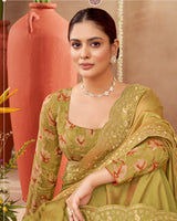 Vishal Prints Ginger Brown Designer Soft Silk Saree With Embroidery-Diamond Work And Cut Work Border