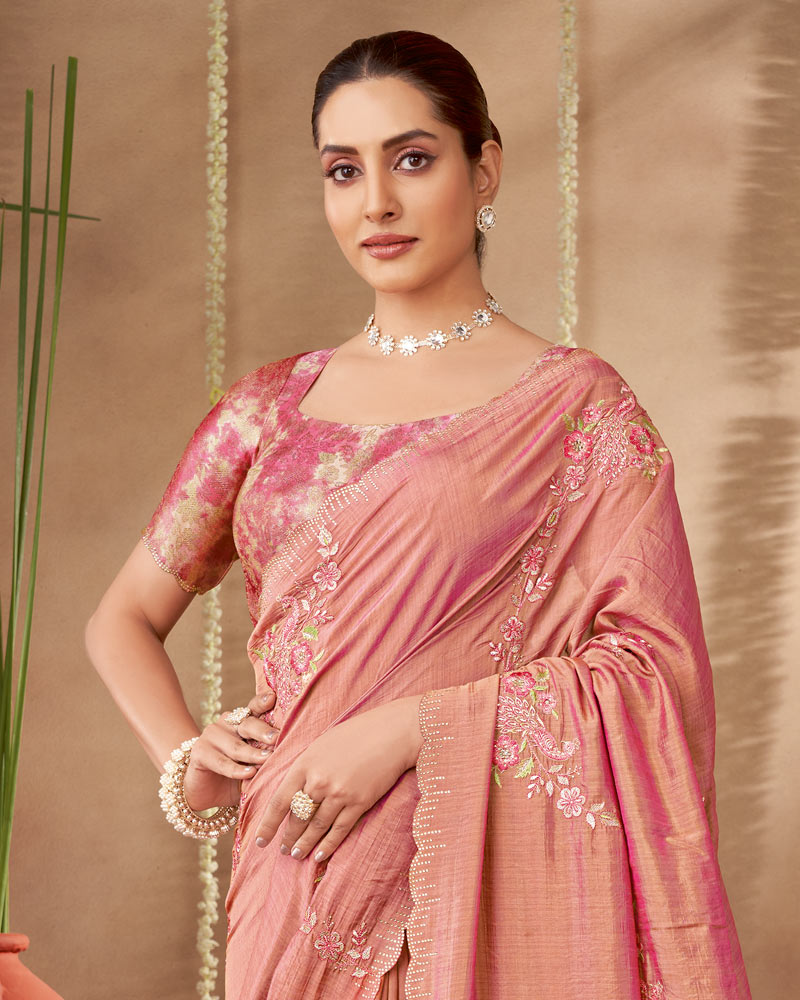 Vishal Prints Dark Salmon Pink Designer Soft Silk Saree With Embroidery-Diamond Work And Cut Work Border