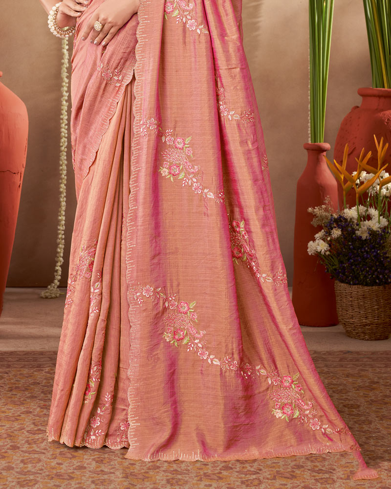 Vishal Prints Dark Salmon Pink Designer Soft Silk Saree With Embroidery-Diamond Work And Cut Work Border