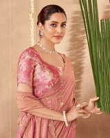 Vishal Prints Dark Salmon Pink Designer Soft Silk Saree With Embroidery-Diamond Work And Cut Work Border