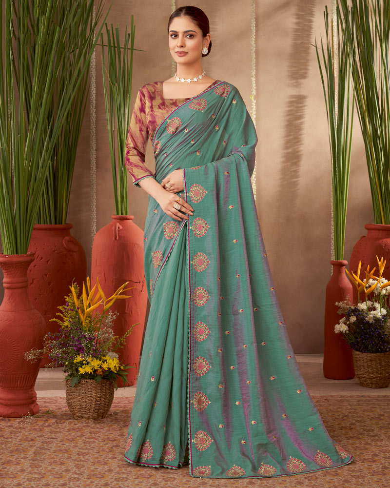 Vishal Prints Dusty Teal Green Designer Soft Silk Saree With Embroidery-Diamond Work And Cut Work Border