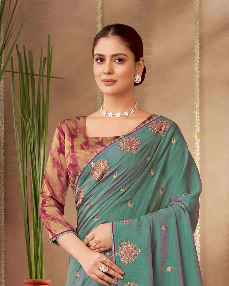 Vishal Prints Dusty Teal Green Designer Soft Silk Saree With Embroidery-Diamond Work And Cut Work Border