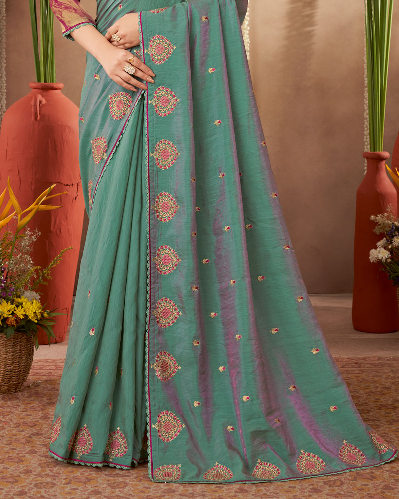 Vishal Prints Dusty Teal Green Designer Soft Silk Saree With Embroidery-Diamond Work And Cut Work Border