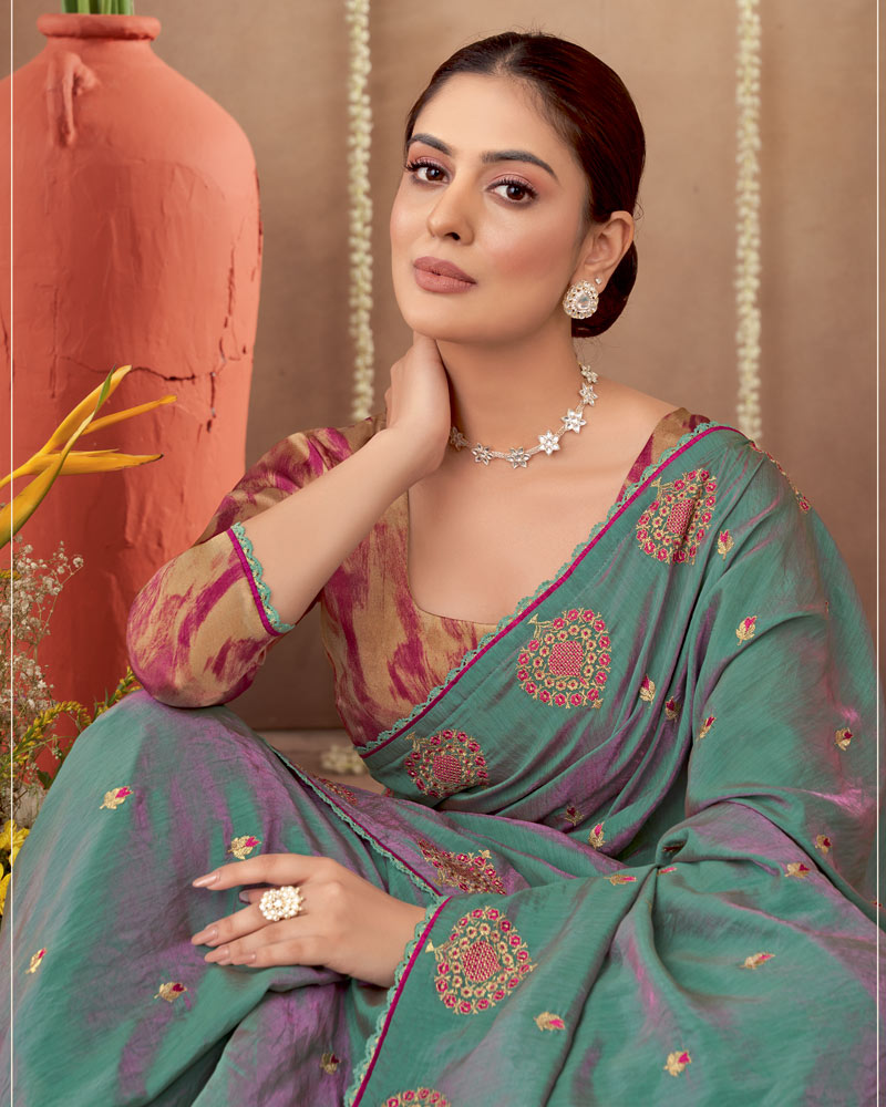 Vishal Prints Dusty Teal Green Designer Soft Silk Saree With Embroidery-Diamond Work And Cut Work Border