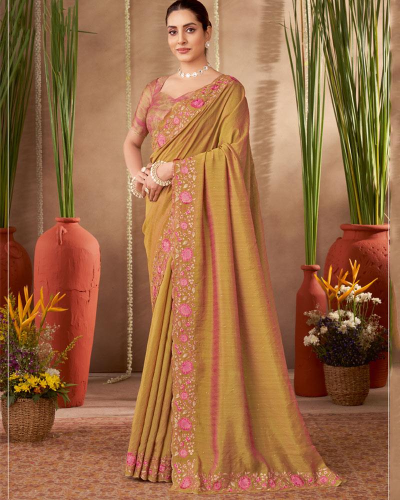 Vishal Prints Brownish Orange Designer Soft Silk Saree With Embroidery-Diamond Work And Cut Work Border