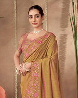 Vishal Prints Brownish Orange Designer Soft Silk Saree With Embroidery-Diamond Work And Cut Work Border