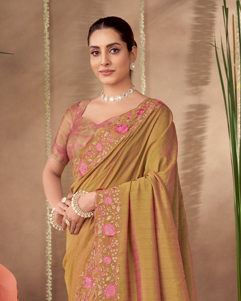 Vishal Prints Brownish Orange Designer Soft Silk Saree With Embroidery-Diamond Work And Cut Work Border