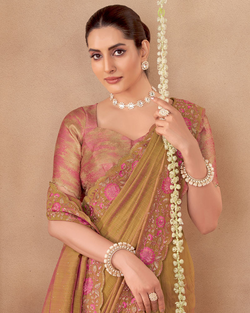 Vishal Prints Brownish Orange Designer Soft Silk Saree With Embroidery-Diamond Work And Cut Work Border