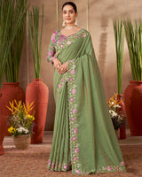Vishal Prints Moss Green Designer Soft Silk Saree With Embroidery-Diamond Work And Cut Work Border