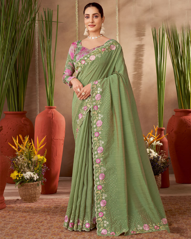 Vishal Prints Moss Green Designer Soft Silk Saree With Embroidery-Diamond Work And Cut Work Border