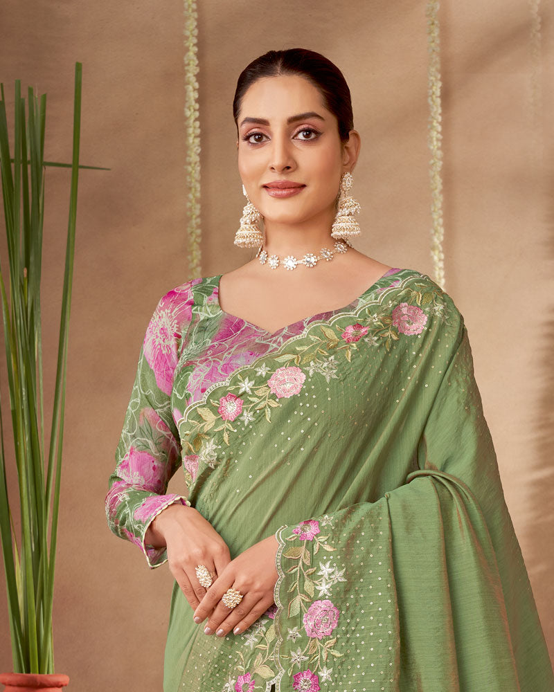 Vishal Prints Moss Green Designer Soft Silk Saree With Embroidery-Diamond Work And Cut Work Border