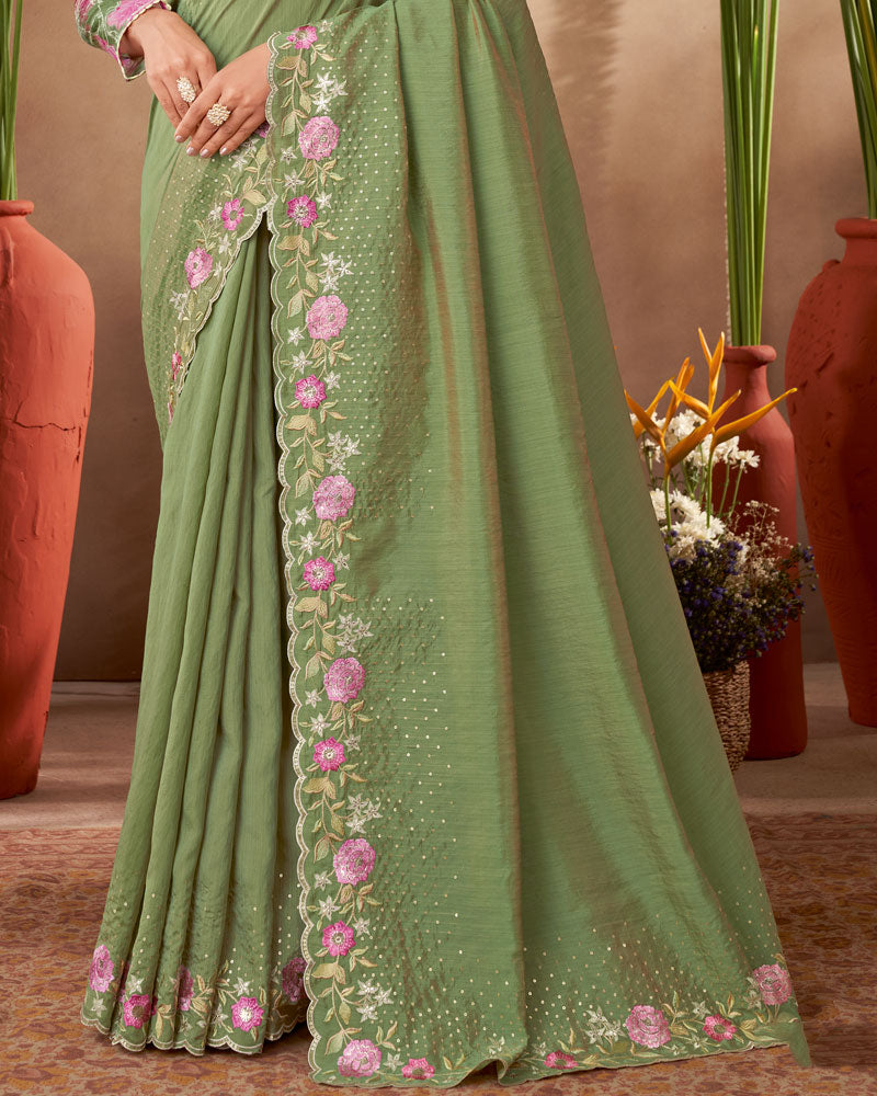 Vishal Prints Moss Green Designer Soft Silk Saree With Embroidery-Diamond Work And Cut Work Border