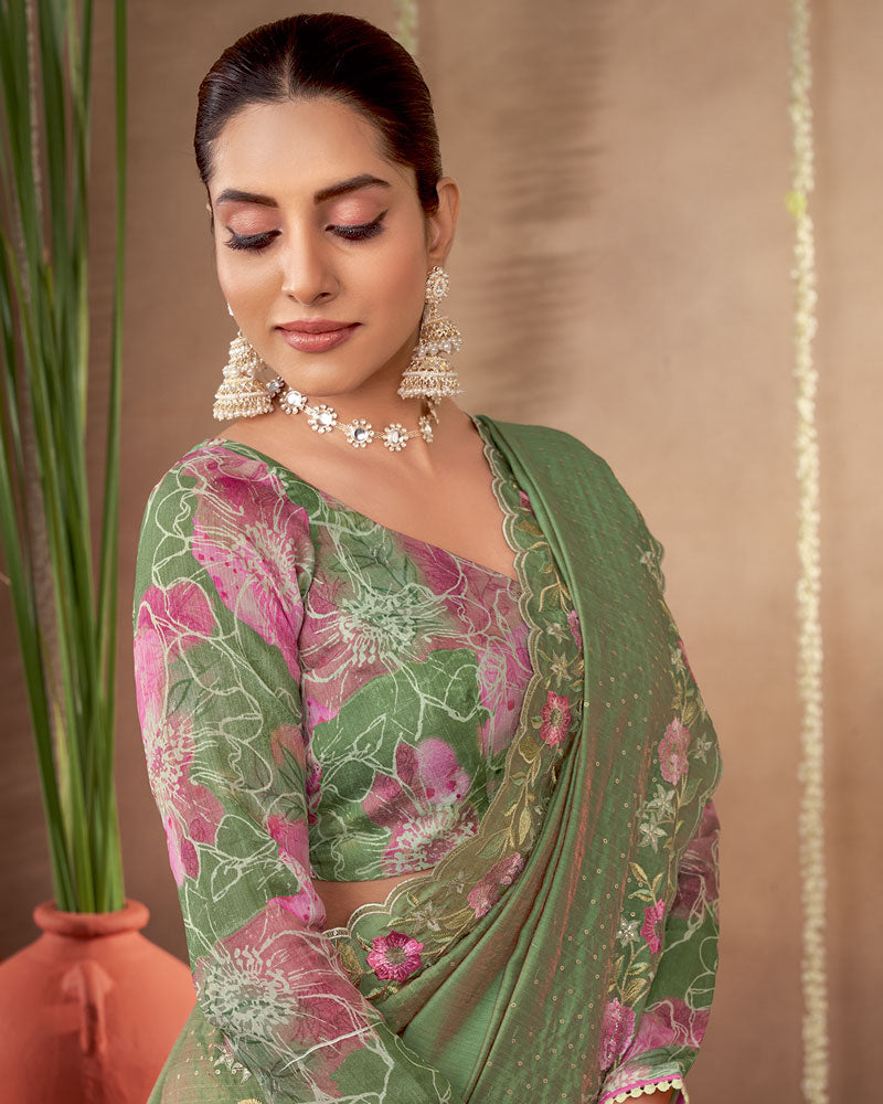 Vishal Prints Moss Green Designer Soft Silk Saree With Embroidery-Diamond Work And Cut Work Border