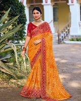 Vishal Prints Carrot Orange Printed Chiffon Traditional Print Saree With Foil Print And Fancy Border