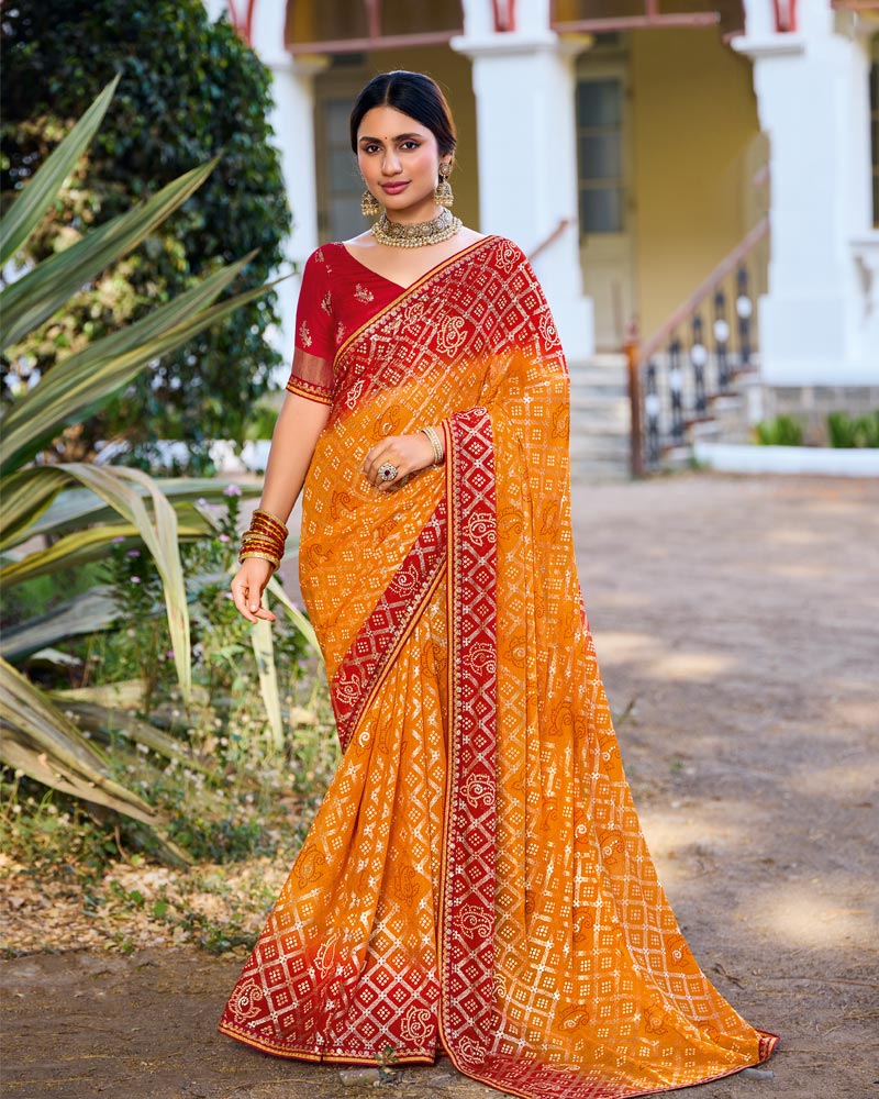 Vishal Prints Carrot Orange Printed Chiffon Traditional Print Saree With Foil Print And Fancy Border