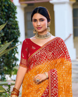 Vishal Prints Carrot Orange Printed Chiffon Traditional Print Saree With Foil Print And Fancy Border