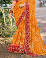 Vishal Prints Carrot Orange Printed Chiffon Traditional Print Saree With Foil Print And Fancy Border