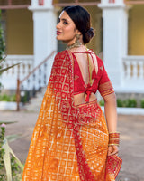 Vishal Prints Carrot Orange Printed Chiffon Traditional Print Saree With Foil Print And Fancy Border