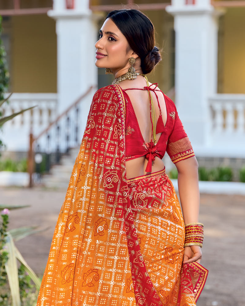 Vishal Prints Carrot Orange Printed Chiffon Traditional Print Saree With Foil Print And Fancy Border