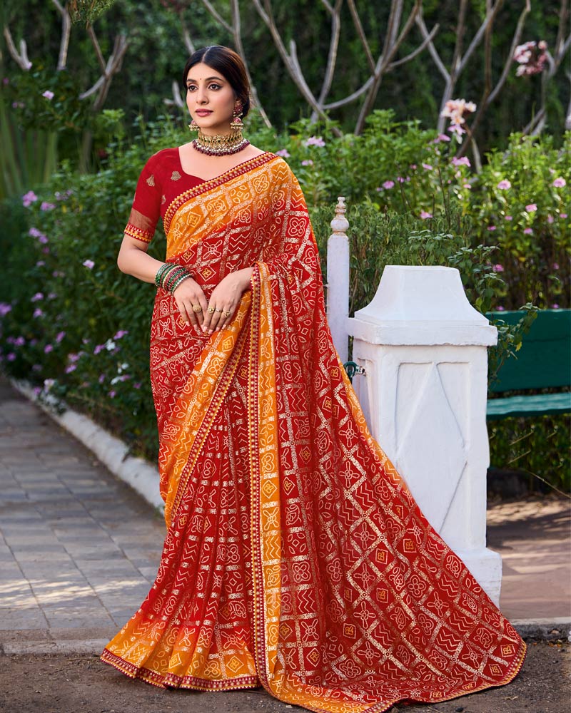 Vishal Prints Crimson Red And Bright Orange Printed Chiffon Traditional Print Saree With Foil Print And Fancy Border