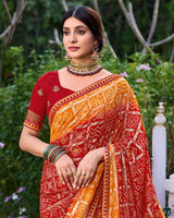 Vishal Prints Crimson Red And Bright Orange Printed Chiffon Traditional Print Saree With Foil Print And Fancy Border