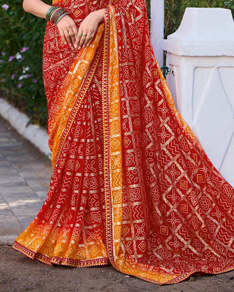 Vishal Prints Crimson Red And Bright Orange Printed Chiffon Traditional Print Saree With Foil Print And Fancy Border