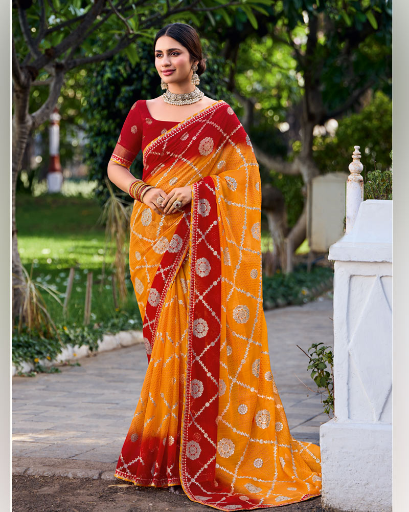 Vishal Prints Pumpkin Orange And Milano Red Printed Chiffon Traditional Print Saree With Foil Print And Fancy Border