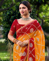 Vishal Prints Pumpkin Orange And Milano Red Printed Chiffon Traditional Print Saree With Foil Print And Fancy Border